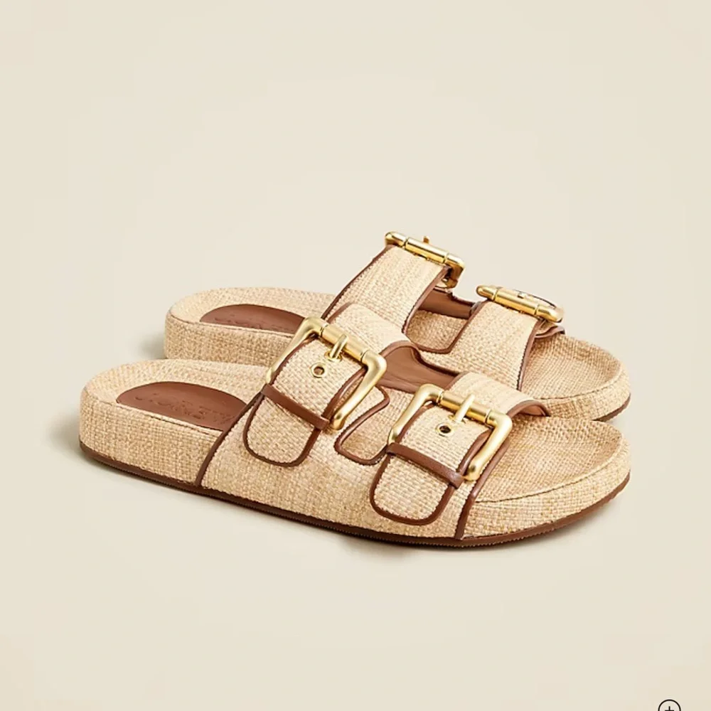 J. Crew Natural Raffia Double-Buckle Slide Sandals with Gold Hardware
